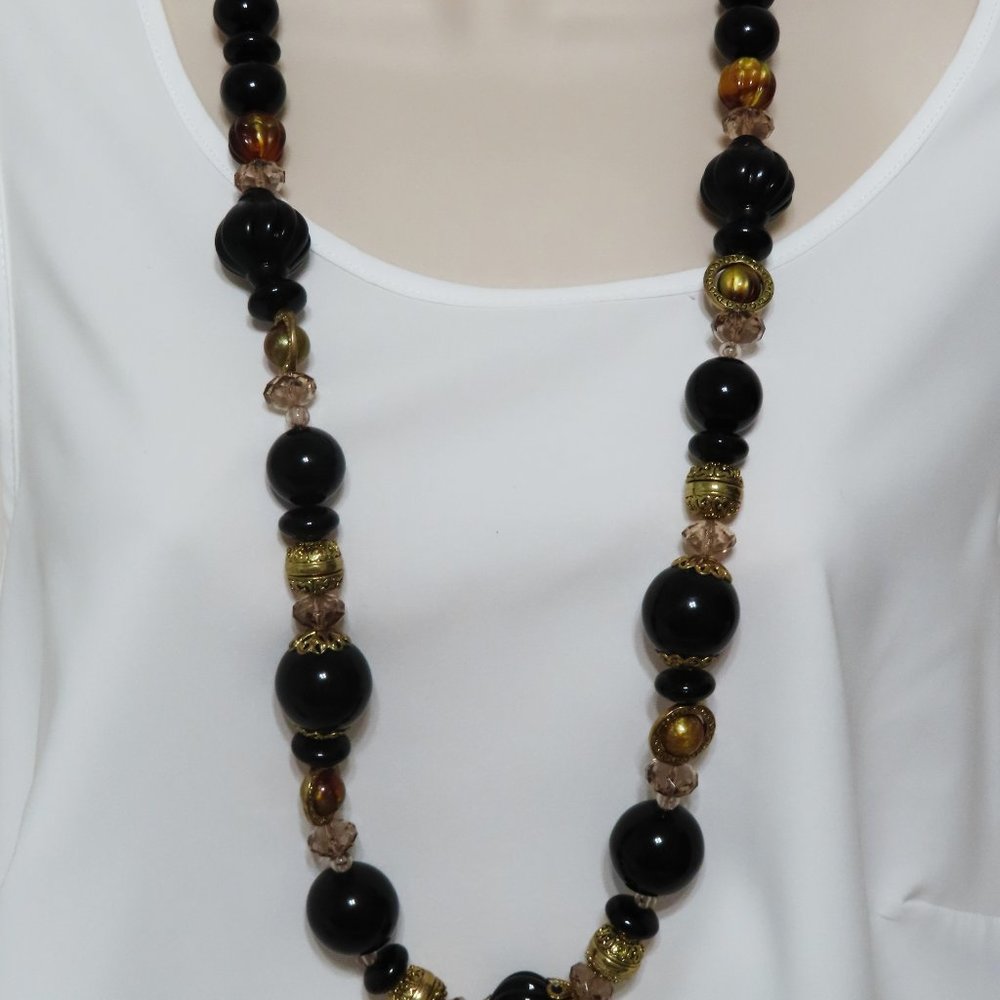 Vintage acrylic black and gold  large beads long necklace
